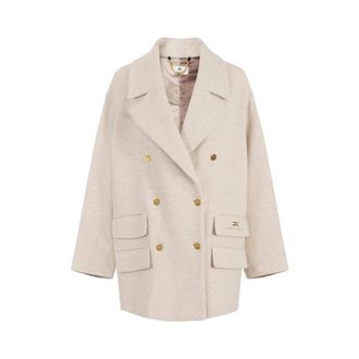 Elisabetta Franchi Double-Breasted Coats, female, Beige, Size: L Wool blend caban coat with golden buttons