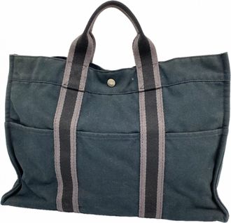 Herm&egrave;s Black Gray Canvas Tote Bag (Pre-Owned)