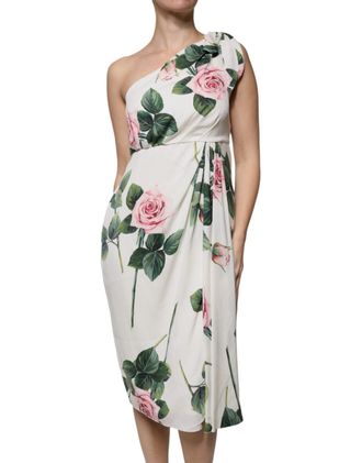 Dolce & Gabbana Womens Oneshoulder Rose Print Midi Dress - White Silk - Size EU 44 (Womens)