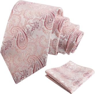 Alizeal Mens Paisley Tie and Hanky Set Party Business Wedding Necktie with Pocket Sqaure Set, Blush Pink