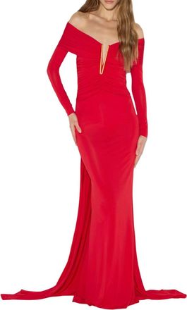 Elisabetta Franchi Red Off Shoulder Maxi Dress