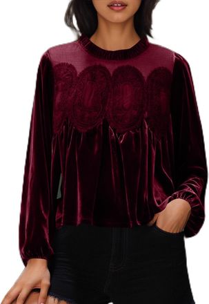 Generic Ladies Tops Long Sleeve Velvet Trim Lace Blouse Elegant Swing Tops Spring Summer Round Neck Loose Pleated Tshirts Dressy Holiday Party Blouse Going Ou
