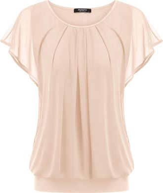 Zeagoo Womens Blouse Batwing Blouse Shirts Short Sleeve Tunic Top Flowers Mesh Tops Round Collar T-Shirt Blouse, beige, XL