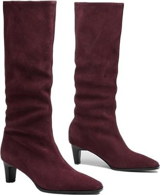Generic Cow Suede Women Autumn Winter Slip-On Boots Chocolate Burgundy High Chunky Heels Square Toe Lady Knee High Boots(Red,US3.5)