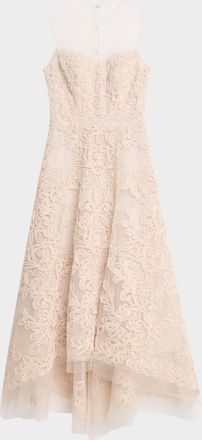 Teri Jon Macrame-Embroidered Illusion Maxi Dress