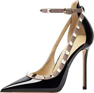 Generic MiaZane Womens Studded Ankle Strap Court Shoes Pointed Toe Stiletto Heels Patent Leather High Heel Pumps Elegant Dress Banquet Cocktail Party,Black 10