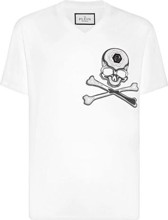 Philipp Plein T-shirt V Neck Skull&Bones - Heren - T-shirts - Wit - 4XL - Katoen - Tops