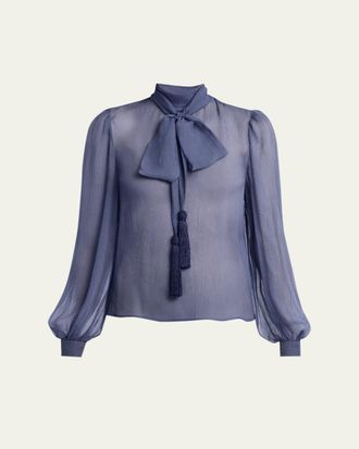 Valentino Garavani Tassel Bow-Neck Crinkle Chiffon Blouse