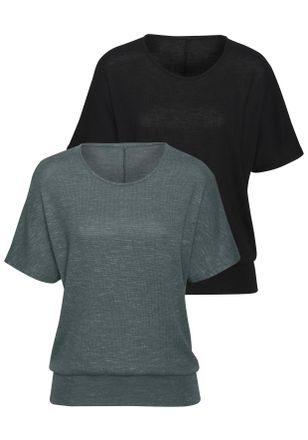 Vivance Kurzarmshirt VIVANCE mit breitem Bund, Damen, Gr. 32/34, gr&uuml;n (graugr&uuml;n, schwarz), Feinstrick, Obermaterial: 55% Polyester (REPREVE), 43% Viskose, 2% 