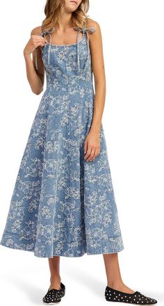 En Saison Opal Embroidered Floral Denim Midi Dress in Medium Wash Denim at Nordstrom, Size X-Small