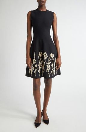 Lela Rose Penelope Floral Raffia Embroidered Knit Fit & Flare Dress in Black at Nordstrom, Size Medium