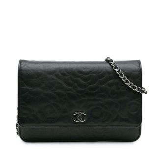 Chanel Pre-owned Womens Camellia Embossed Lambskin Wallet On Chain - Black Leather - One Size