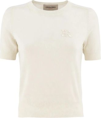 Ermanno Scervino Fijngebreid T-shirt - Dames - Ronde hals truien - Wit - L - Truien & Vesten