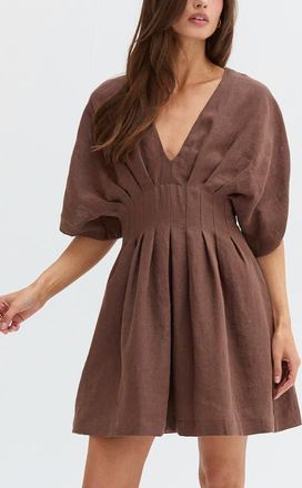 Crescent Pleated Linen Mini Dress in Brown at Nordstrom, Size X-Small