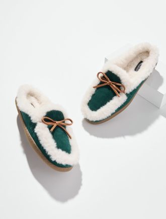 Talbots Marley Suede Shearling Slippers - Dark Highland Green - 10M Talbots