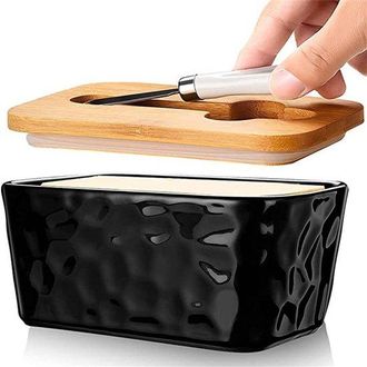 OEM Mantequera Con Motivo De Piedra Cer&aacute;mica - Mantequera Con Tapa - Juego De Mantequeras - Caja Para Pan Y Mantequilla - Con Cuchillo - Negra
