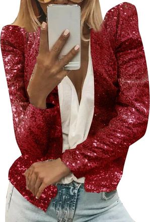 Generic Sequin Jacket Womens Gold Glitter Party Outfits Clubwear Shiny Blazer Fashion Glitter Short Coat Open Front Cardigan Long Sleeve Short Coats Crop Casu