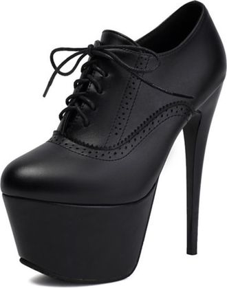 Generic Womens Lace-Up Stiletto Platform Oxfords Brogued Perforation Round Toe High Heels Classic Laces Smooth Upper Stable Durable Sole Shoes,Black,3.5 UK