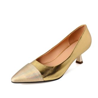 TinaCus Womens Genuine Leather Handmade Cap-Toe Mid Kitten Heel Stylish Pumps Shoes, Gold, 9 UK