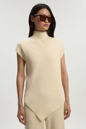 Karen Millen Womens Soft Ribbed Asymmetric Hem Knitted Top - Cream Viscose - Size X-Small