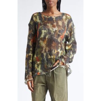 R13 Distressed Camouflage Merino Wool Boyfriend Sweater in Light Camo Green at Nordstrom Rack, Size X-Small