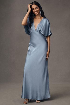 BHLDN Amelia Deep-V Flutter-Sleeve Satin A-Line Gown