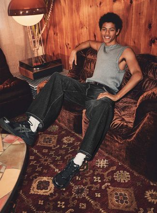 Djab Mens Faded black textured-stripe jean Ultra-loose fit Imported from Seoul