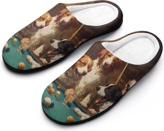 Generic Dogs Playing Pool Billiards Drinking Beer Slippers Men Winter Warm Cotton Anti-Slip Indoor Slip-Ons House Shoes