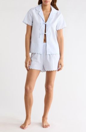 French Connection Stripe Scallop Edge Cotton Short Pajamas in Blue/White Stripe at Nordstrom, Size X-Large