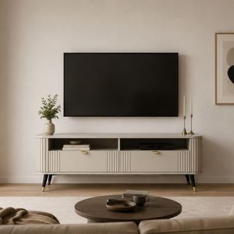 Dmora Mueble Para Tv Dmora Limefa, 2 Cajones, 3 Estantes, Puertas Efecto Rayado, 138x40x53h Cm Beige