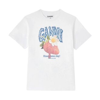 Ganni T-Shirts, female, White, Size: L Basic Cotton Jersey Strawberry