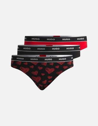 HUGO BOSS Womens 3-Pack Classic Logo Hearts Print Thongs, Black/Red - Size: 10