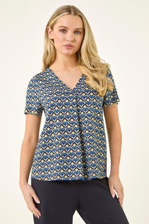 Roman Abstract V-Neck Stretch Top