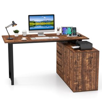 Costway Costway L-Shaped Desk 138 cm Reversible Corner Computer Desk-Coffee in Brown