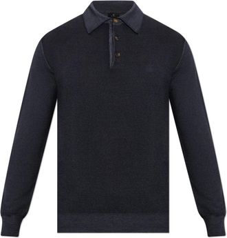 Etro Wool Long-Sleeve Polo - Heren - V-hals truien - Blauw - L - Wol - Truien & Vesten