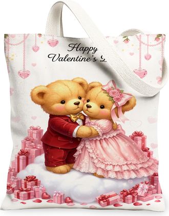 Generic ValentineS Day Bear Canvas Tote Bags, Cute Animal Pattern Reusable Grocery Bags, Lightweight Washable Shoulder Strap, Peach, 13x15 Inch