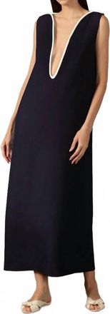 Adriana Degreas Bicolor Deep V Neck Maxi Dress In Navy