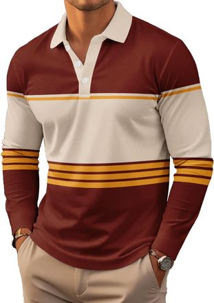 Generic Mens Polo Shirt Long Sleeve Vintage Striped Golf Shirt Lightweight Casual Collared Shirt (UK, Alpha, XXL, Regular, Regular, 9)