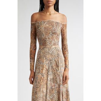 L'agence Peonie Off the Shoulder Bodysuit in Brown/blue Valencia Leopard at Nordstrom Rack, Size X-Large