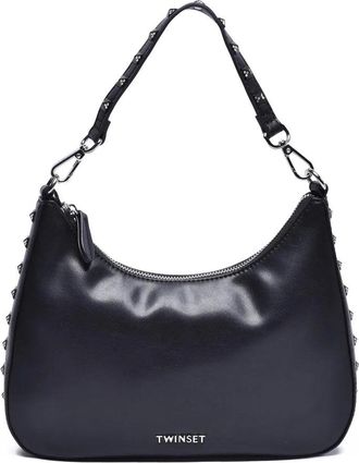 Twin-Set Curved Hobo Bag With Glossy Finish And Studded Strap