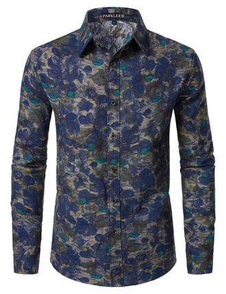 PARKLEES Mens Cotton Linen 70s Disco Retro Traditional Pattern Printed Long Sleeve Button Down Shirt Blue Flowers XX-Large