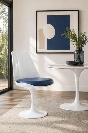 Fusion Living White Tulip Dining Chair with PU Cushion in Navy