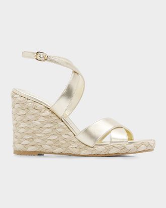 Stuart Weitzman 100mm Alyssa Metallic Leather Espadrille Wedge Sandals