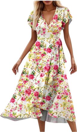 Generic Womens Summer Casual Maxi Dress Sexy V-Neck Short Sleeve Long Flowy Dresses Lace Up Loose Beach Dresses Floral Print Boho Holiday Dress Trendy Elegant