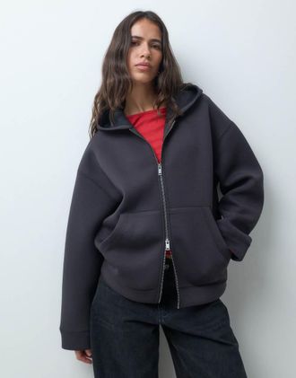 Noisy May felpa con cappuccio oversize in tessuto effetto scuba nera-Nero