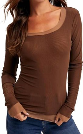 Hem & Thread Double Layer Scoop Neck Mesh Top In Brown/mocha