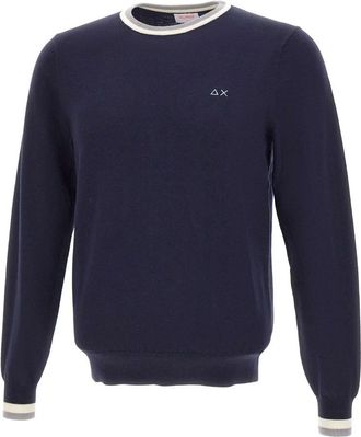 Sun 68 Wollen trui met katoen - Heren - Ronde hals truien - Blauw - L - Katoen - Truien & Vesten
