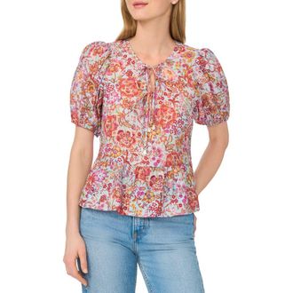 CeCe by Cynthia Steffe Tie Keyhole Puff Sleeve Peplum Top in Aquatic at Nordstrom Rack, Size Medium
