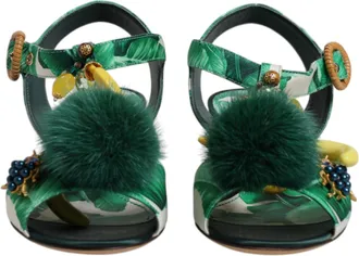 Dolce & Gabbana Green Crystal Fur Embellished Sandals Womens Shoes
