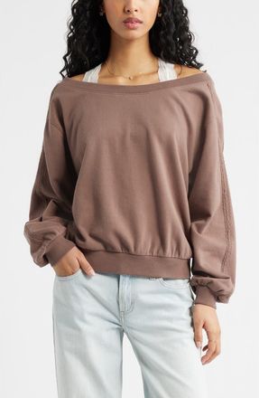 BP. Lace Trim Off the Shoulder Cotton Blend Sweatshirt in Brown Quartz at Nordstrom, Size Xx-Small